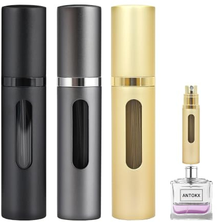 ANTOKX Pocket Parfümzerstäuber, 5 ml, nachfüllbar, auslaufsicher, Reise-Parfümsprüher für Damen und Herren, Schwarz & Grau & Gold