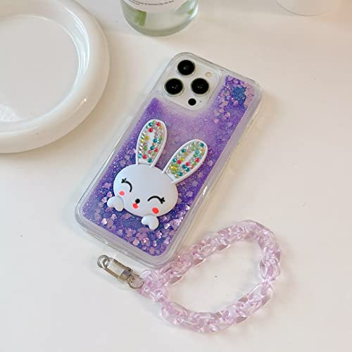 CrazyLemon für iPhone 5 5S / iPhone SE 2016 Glitzer Flüssig Hülle Handyhüllen Lila Flüssigkeit Sternen Süß 3D Hasen Ohren Karikatur Hase Stand Transparent Silikon Bumper Schutzhülle mit Kette
