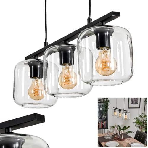 HOFSTEIN Pendelleuchte Lauden, Hängeleuchte aus Metall/Glas in Schwarz/Klar, Leuchte im Vintage/Retro Design, Schirme aus Glas (Ø 15 cm), 3-flammig, Höhe max. 116,5 cm, 3 x E27, ohne Leuchtmittel