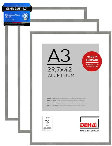 DEHA Design Aluminium Bilderrahmen Tribeca, 29,7x42 cm (A3) 2er Set, Grau | Aluminium Posterrahmen im Hoch- & Querformat zum Aufhängen Grau gebürstet bruchsicheres Kunstglas
