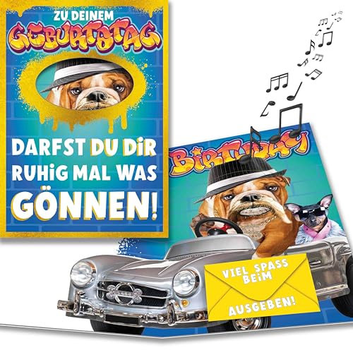 bentino MUSIK Geburtstagskarte Blinkezahn, mit hammer LICHTEFFEKT, lustige Glückwunschkarte zum Geburtstag für alle humoristischen Hundeliebhaber!