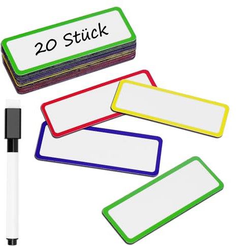 Meetory Magnetstreifen Beschreibbar, 20 Abwischbare Magnetschilder,Universelle Whiteboard Magnete, Magnet-Etiketten für für Whiteboard Kühlschrank Metallschrank (4 Farben)