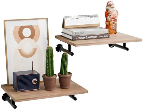 ENPKLUTE Industrielles Rohrregal 2er Set, Holzregale für Wand, Live Edge Schweberegale, industrielles Dekorregal Wandmontage, rustikale schwebende Regale für Wohnzimmer, Büro, Badezimmer
