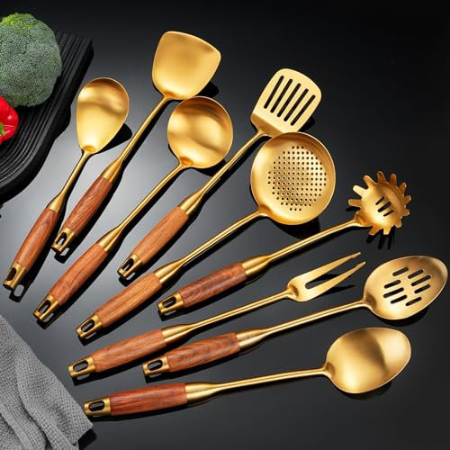 NIITAWH Gold Kitchen Utensils Set, 9 PCS 304 Stainless Steel Cooking tools Wood Handle, Solid and Slotted Spoon, Fork, Spatula, Ladle, Skimmer, Slotted Tunner, Spaghetti and Large Spoon