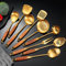 NIITAWH Gold Kitchen Utensils Set, 9 PCS 304 Stainless Steel Cooking tools Wood Handle, Solid and Slotted Spoon, Fork, Spatula, Ladle, Skimmer, Slotted Tunner, Spaghetti and Large Spoon