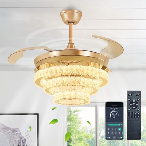 Depuley 42″ Modern Crystal Chandelier Fan with Lights, Dimmable Crystal Ceiling Fans 3 Rings LED Candelier, 6-Speed Flush Mount Ceiling Fan for Living Room Bedroom, Gold…