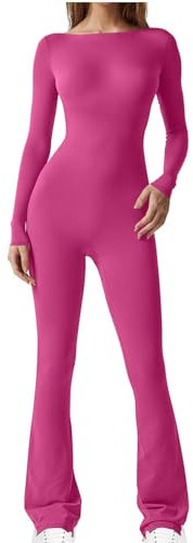 Keepink Ausgestellter Jumpsuit für Damen, Yoga, figurbetonte Leggings, sexy, langärmelig, Sport-Strampler, Stretch-Body, einteilig, Workout-Spielanzug, Sportbekleidung, 04 Hot Pink, 48