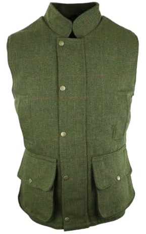 Gillicci MENS BRITISH MADE GREEN DERBY COUNTRY TWEED HUNTING GAME FARMING QUILTED SHOOTING ZIP WAISTCOAT GILET BODYWARMER