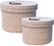 Yearonan Set of 2 Round storage baskets with lids,With Leather Handles for Closet Storage,Toy,Living roon,Towel Basket,Bathroom storage,Stackable Storage baskets for shelves.(Brown)