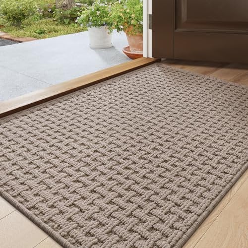 DEXI Dirt Trapper Indoor Door Mat 44 x 76 cm, Non-Slip Absorbent Entrance Rug, Low Profile Washable Doormats Inside Floor Mats for Muddy Shoes & Paws, Beige