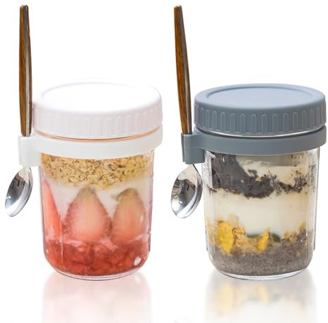 La Llareta 2 Piezas 350ml Tarros de Avena Taza Reutilizable, Porta Yogurt y Cereales Taza, Recipiente Llevar Vaso Portátil con Cuchara, para Leche, Cereal, Blanco y Gris