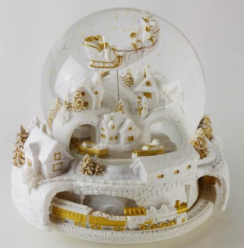 Musicboxworld MMM GmbH, 64064 Spieluhr - Weiße Schneekugel 150 mm mit Zug, Autos, fliegendem Santa und Beleuchtung (über Batterie (2xAA) Nicht enthalten)