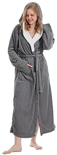 DiaryLook Fluffy Ladies Dressing Gown with Hooded, Super Soft Loungewear Robe for Women, Dressing Gowns for Women UK Bathrobe (A-Dark Gray S)