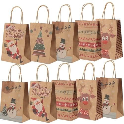 OWill 10 Stück Geschenktüten weihnachten,papiertüten weihnachten mit griff,weihnachtstüten klein zur aufbewahrung von geschenken, gebäck,süßigkeiten,partyzubehör(15x8x21cm)