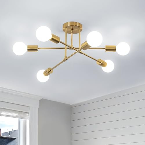 Comely Lámpara de Techo Industriales Vintage, 6 Luces E27 Plafon de Techo Retro, Oro Lámpara de Araña Sputnik para Salón, Dormitorio, Comedor, Cocina