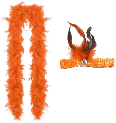 EIHI Federboa, 2 m lang, orange, Damen, 2 Stück, Zubehör Set mit Federstirnband, Flauschige Federboa, Damen Natural Feather Gothic Feder, für Hochzeit, Ankleiden, Party, Karneval, Halloween, Orange