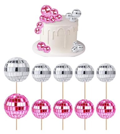 Yeesabella 10pcs Disco Ball Cupcake Toppers, 70s Retro Cake Decorations With Stick for Dessert, Shiny Mini Ball Picks for Birthday, Theme Party Supplies for Decor Ornament