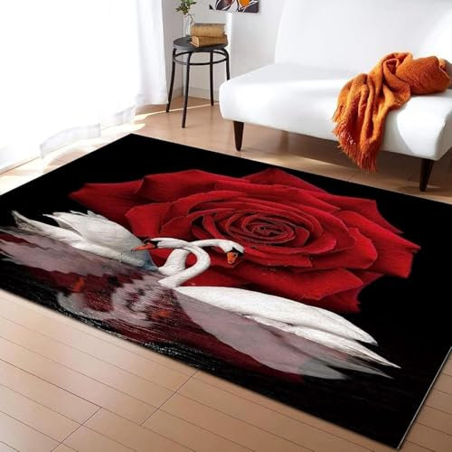 HATEGE Teppich Wohnzimmer 100 x 150 cm Waschbar Schwan, Outdoor Teppiche Kurzflor 3D Rote Rose, Carpet Flauschig Schwan E-F285