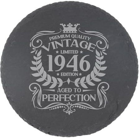 80th Birthday Gift for Men Vintage 1946 Aged to Perfection Engraved Slate Coaster Present for 80 Year Old Etched Natural Slate Placemat (Round Slate)