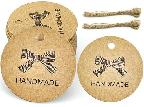 100 Stück Geschenkanhänger Kraftpapier, Handgefertigtes Etikett mit 20m Leinen Seil für Geschenk Dekoration,Geschenke Anhänger handgemachte Geschenke, Die Rückseite kann geschrieben werden (Schleife)
