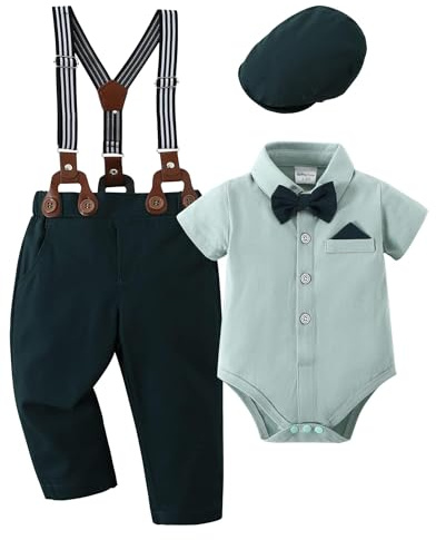 Amisssz Baby Jungen Gentleman Anzug, 4tlg Kinder Hochzeit Festlich Taufe Strampler mit Bowtie Hemden + Hosenträger Overalls A-Grün 3-6 Monate