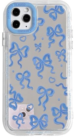 NITITOP Compatible with iPhone 11 Pro Max Case Cute Mirror Bow Love Heart Pattern for Women Girls Ribbon Design Shockproof Silver Protective Phone Cover - Blue Bow