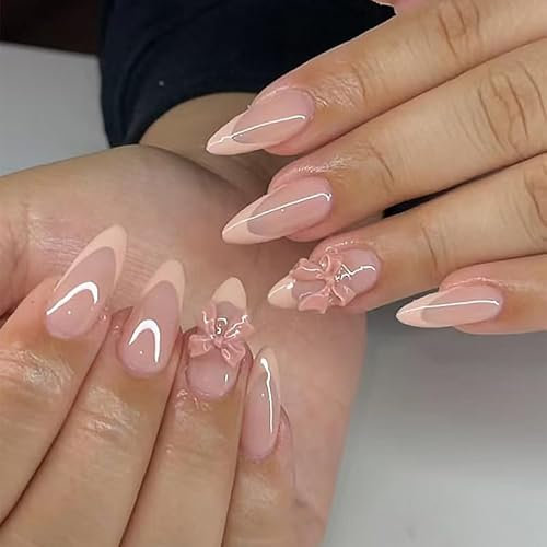 24STK Press on Nails Lang Mandelform Nägel French Nails Fingernägel zum Aufkleben 3D Schleife Künstliche Nägel Fake Nails Klebe Nägel Set Acrylnagelspitzen Damen Nagelkunst Zubehör