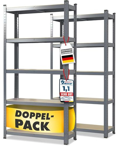 OfficeMarshal Doppelpack Schwerlastregale grau, 180 x 90 x 40 cm | Steckregal, Lagerregal, Standregal, Stecksystem ohne Werkzeug montierbar (Lakota)
