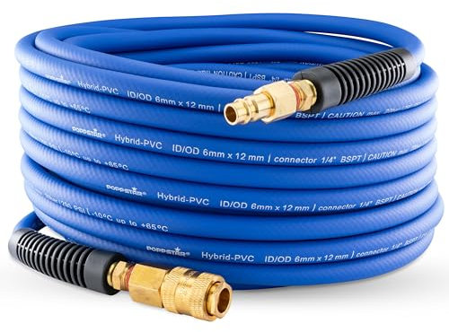 Poppstar PVC Hybrid Druckluftschlauch 10m, ID 6mm, Messing Schnellkupplung 1/4, 20 bar, blau