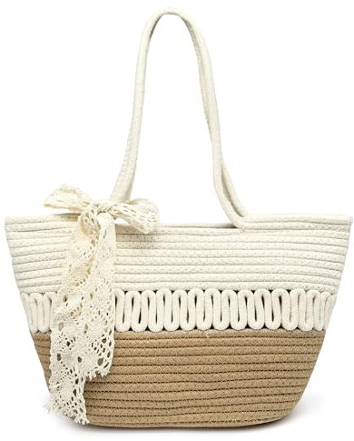 Pahajim Sac Plage Paille Cabas Femme Sac Crochet en Corde de Coton Grand Sacs Panier avec Fermeture Éclair Chic Woven Bag pour Ete Voyage Vacances