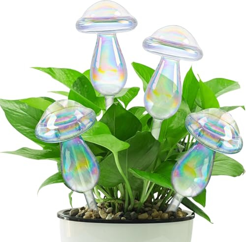 Lostwry Selbstbewässernde Glühbirnen, 4 Stück Bewässerungskugeln Pilze Bunte Glas Pflanzenbewässerungskugeln Selbstbewässernde Glühbirnen Bewässerungsgeräte für Zimmerpflanzen, Garten und Balkon