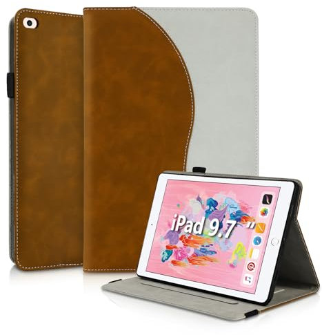 Succtopy Cover per iPad (9.7 Pollici, 2018/2017 Modello, 6/5 Generazione)/iPad Air 1/ Air 2 Custodia in Pelle PU con Funzione di Supporto Case per iPad 6/5 Protettiva con Portapenne Marrone