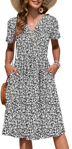 AUSELILY Damen Kurzarm Sommerkeider Knielange Sommer Kleider V-Ausschnitt mit Knöpfen Empire Midikleid mit Taschen Schwarz-Weißes Kleines Blumen L