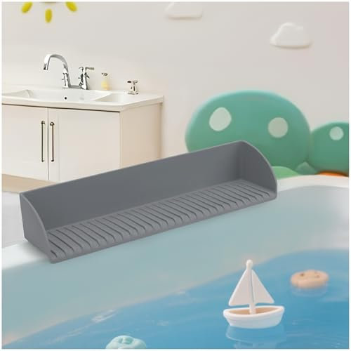 LAHAQIQI Silicone Sink Water Bathtub Splash Guard with 4 Suction Cups for Kitchen and Bathroom, Bath Toys Storage Tub Play Shelf Tray for Kids(Grey, 1Pack)
