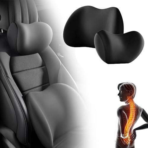HLTTXS Auto Nackenkissen für Mercedes Benz 190E, Lendenkissen Memory Foam Lendenwirbelstützkissen, Ergonomische Kopfstütze und Lendenkissen,Black-Headrest and Lumbar Cushion
