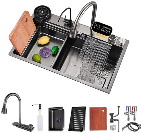 FIVIXIL Évier de cuisine en cascade, 75 * 46cm, robinet extractible avec affichage digital de la température par LED, avec lave-tasses, planche à découper, distributeur de savon et autres accessoires