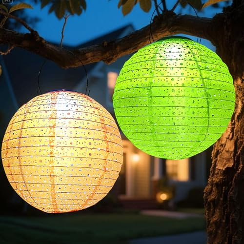Solar Lampions Außen Wetterfest, Himmel 2 Stück LED Solarlampions Wasserdicht Bunte, 25cm Solarlampions für Außen Hängend, Abnehmbar Lampingions Outdoor Solar für Garten Hof Terrasse (Grün+Orange)