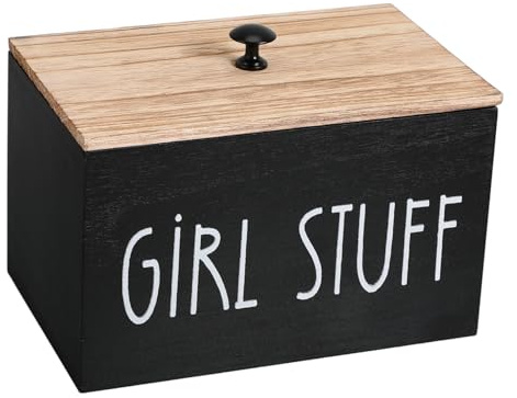 LAPYAPPE Wooden Tampon Organizer Box with Lid Feminine Hygiene Storage Container for Cotton Pads and Swabs Compact Black Wood Cotton Holder for Bathroom and Laundry Pod Organization