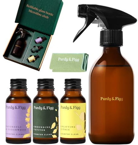 Purdy & Figg Counter Clean Starter Kit | Citrus & Cedarwood | 300ml Spray | Natural Gentle Non Toxic Organic Essential Oils Cleaner | Home Kitchen Countertop | Citrus Vetiver Patchouli & Cedarwood