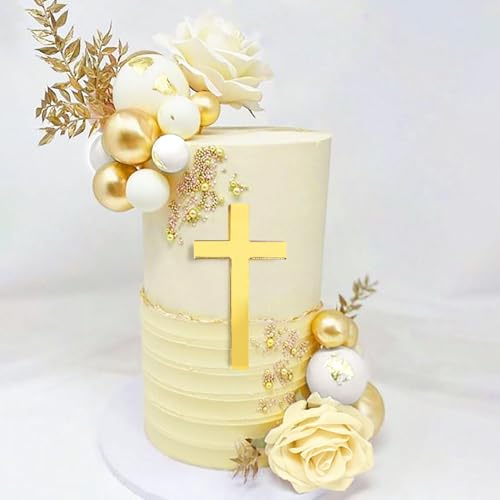 LaVenty Cross Cake Decorations White Gold Cake Topper Rose Cake Toppers | Baptism Cake Decorations Baby Shower Cake Decoration Wedding Cake Decoration Palm Leaves Cake Topper