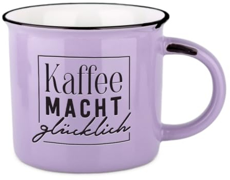 Vintage-Becher aus Keramik im Emaille-Look, Kaffee macht glücklich, 400 ml | Mit tiefgeprägtem Schriftzug und Geschenkbox - 39 Designs, spülmaschinen- und mikrowellengeeignet
