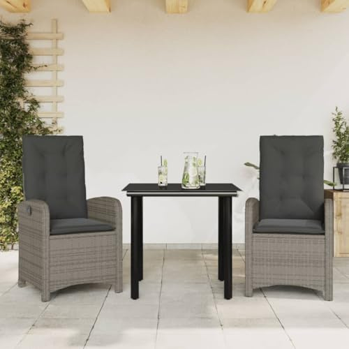 Tonture 3-TLG. Garten-Essgruppe, Grau Poly Rattan, verstellbare Stühle, Glastisch, Bequeme Kissen, für Terrasse, Balkon, Außenbereich