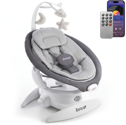 Elektronische Babywippe mit 9 Modi für Neugeborene 0–9 Monate, bis 11Kg | 3-in-1 Babywippe mit 360° Drehbar Timing Musik Funktion Remote&Bluetooth Control, ultimative entlastung für Elternhände(Grau)