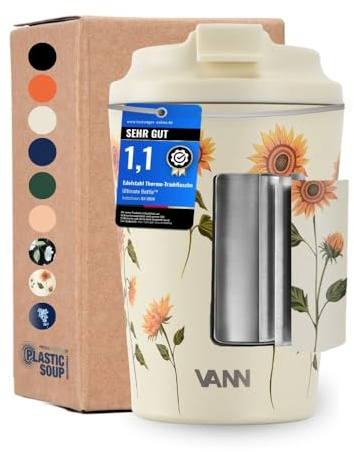 VANN Thermobecher Kaffee To Go 350ML - Kaffeebecher Thermo auslaufsicher [6h kalt 3h warm] - Ideal auch als Teebecher To Go - Thermosbecher spülmaschinenfest - Sonnenblume