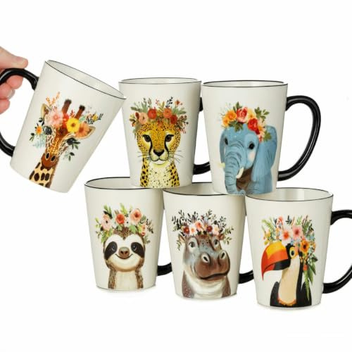 Red Fern Signature Housewares Jumbo Footed Mug Set of 6, 483ml Stoneware Coffee & Tea Mugs, Colourful Pattern, Microwave & Dishwasher Safe (6, Hipster-Animal, 483ml)