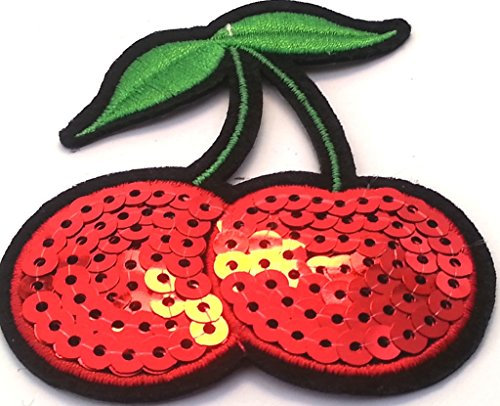 Strass Glitzer Kirschen Aufnäher Aufbügler Bügelbilder Iron on Patches Applikation mit Pailletten Glitzer für Kleider Frauen zum aufbügeln Gltzer Cherry 7,5 x 6,5 cm