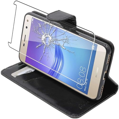 ebestStar - Coque Compatible avec Huawei Y6 2017 Etui PU Cuir Housse Portefeuille Porte-Cartes Support Stand, Noir + Film Protection écran Verre Trempé [Appareil: 143.8 x 72 x 8.4mm, 5.0'']