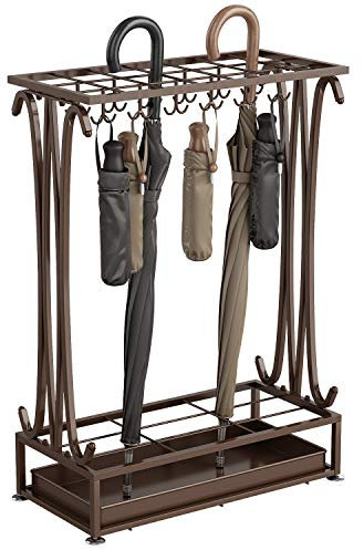AcornFort U-22 Porte-parapluie rectangulaire extra large en métal bronze 21 trous avec 24 crochets et un plateau inférieur pour fuites d'eau de pluie 70 x 50 x 24 cm