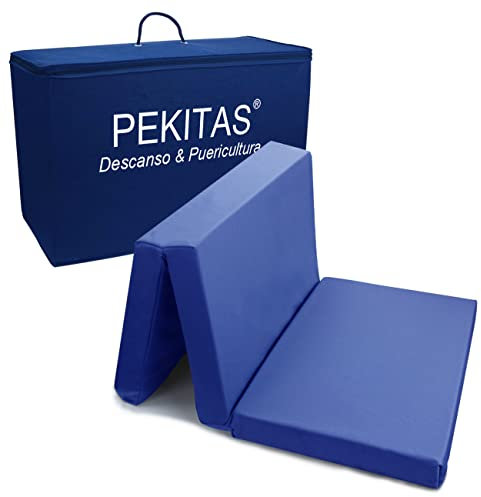 PEKITAS Matratze Klapp Reisebett 60x120 cm Höhe 6 cm für Baby Reisebettmatratze Bezug Waschbar Zusammenklappbar Transporttasche inklusive Blue