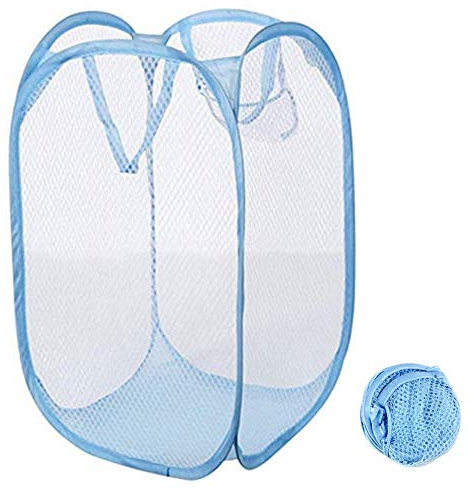 Qtopun Mesh Popup Laundry Hamper Foldable Laundry Basket Portable Dirty Clothes Basket Collapsible Dirty Clothes Hamper for Bedroom, Kids Room, College Dormitory and Travel (Light Blue)